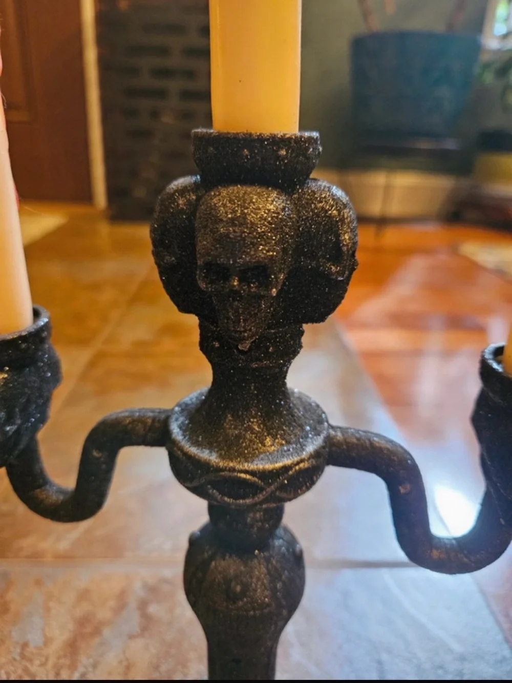Black Gothic Skull 3-Arm Candle Holder with Dripping Yellow Candles